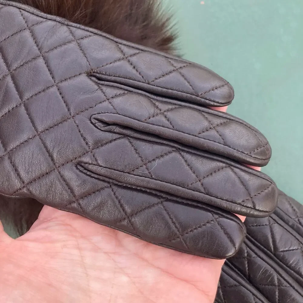 Quilted Lambskin Leather Gloves Genuine Fur Cuff Cashmere Lined Chocolate Brown - Picture 5 of 6